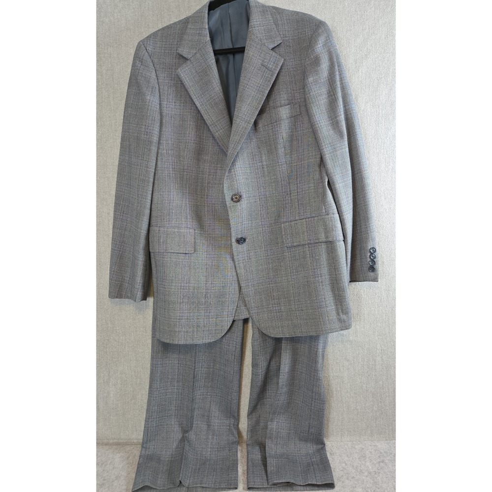 Hart Schaffner Marx Virgin Wool 2 Piece Suit 40R Gray Glen Plaid Union Made USA